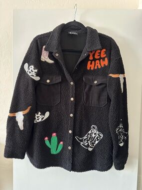 Black 'Yee Haw' Embroidered Sherpa Jacket - Women